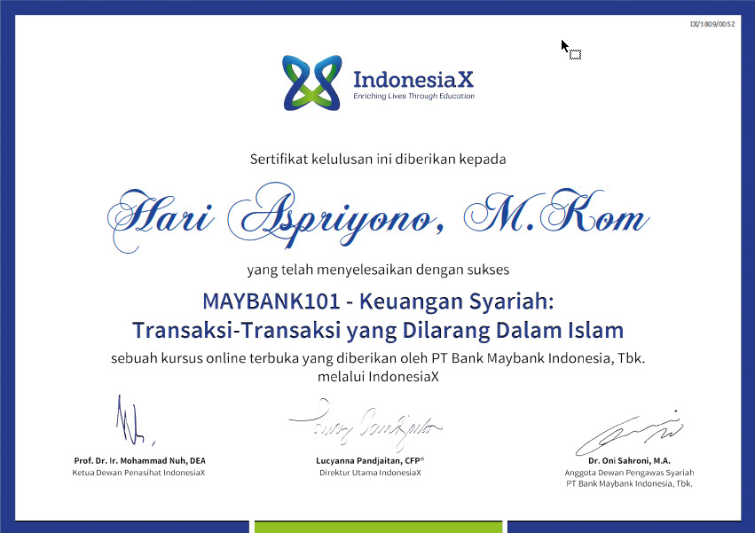 Sertifikat Kelulusan Kursus Keuangan Syariah di IndonesiaX